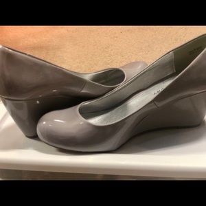 Gray patent leather wedge by Chinese Laundry